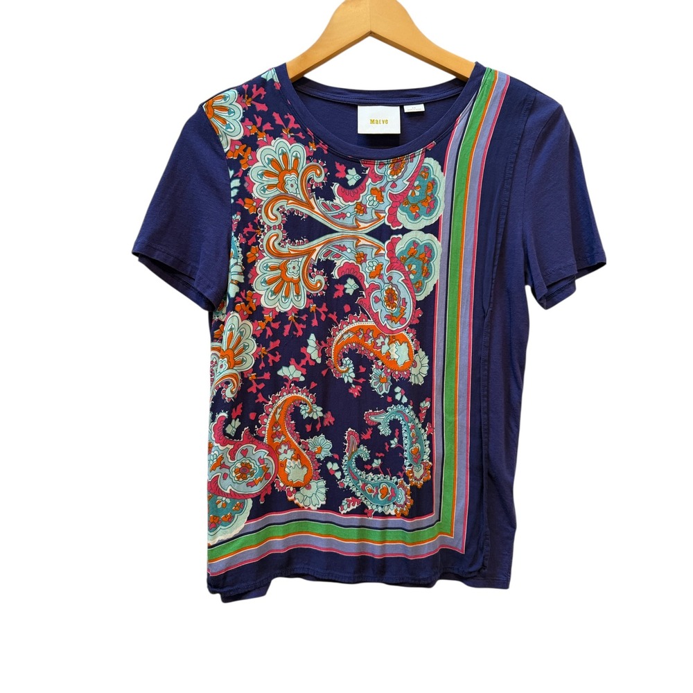 Maeve Paisley Mixed Media Scarf Print Tee Women XS‎ Navy Blue Boho Cotton Top